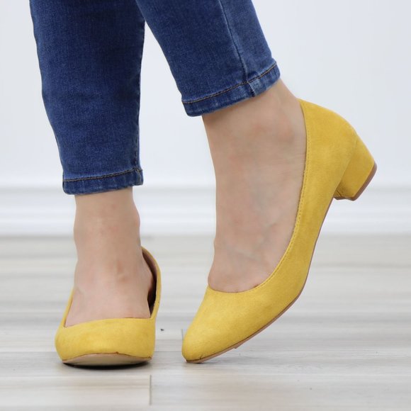 Mustard Faux Suede Close Round Toe Kitten Low Block Heel Pumps - Picture 11 of 13